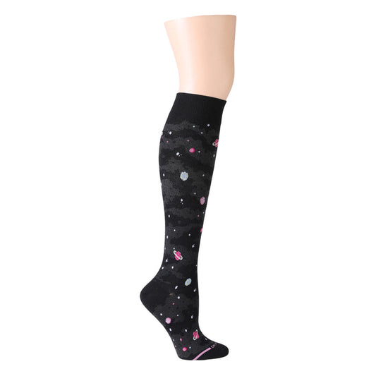 Knee-high black compression socks featuring a galaxy pattern with planets and stars.