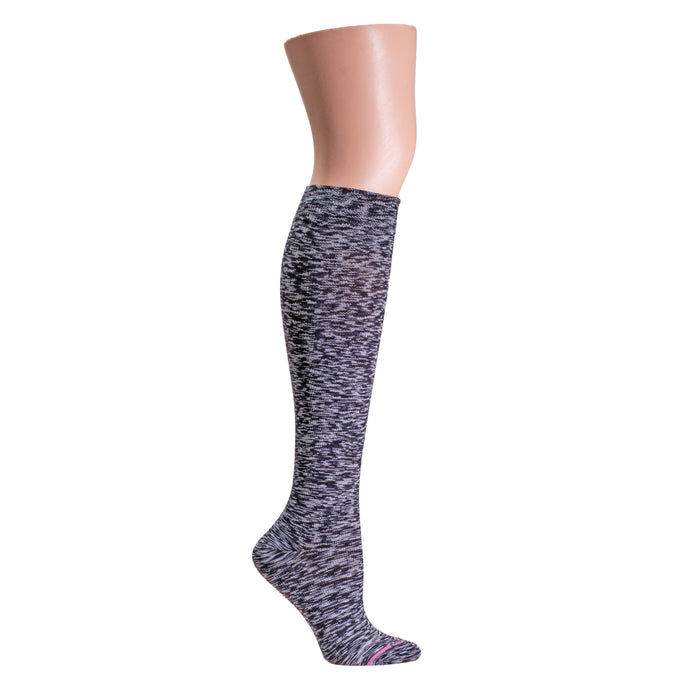 Knee-high compression socks in a spacedye pattern, featuring a blend of purple and gray colors.