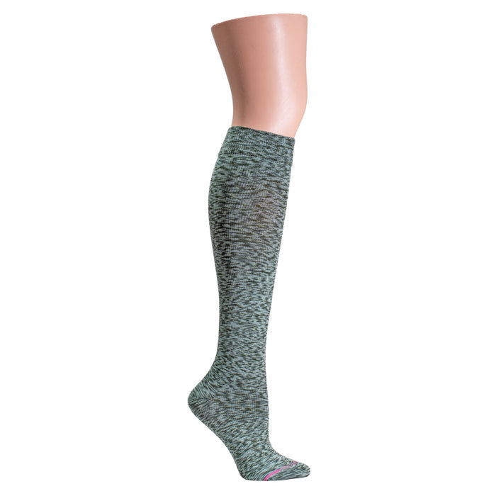 Knee-high compression socks in a spacedye pattern with a pink accent at the toe.