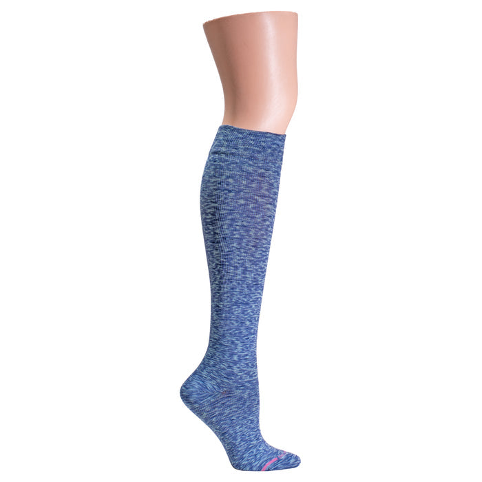 Knee-high compression socks in a blue spacedye pattern, displayed on a mannequin leg.