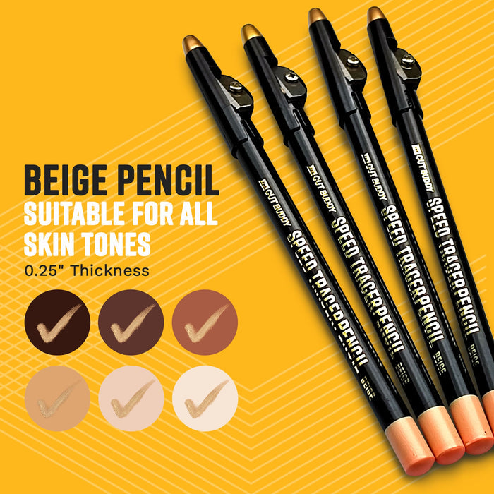 Close-up of four Speed Tracer Pencils with a graphic showing the beige pencil is suitable for six different skin tones, featuring 0.25-inch thickness.