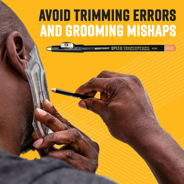A man using a The Cut Buddy Speed Tracer Pencil and a shaping template to map his hairline, with text advising how to avoid trimming errors.