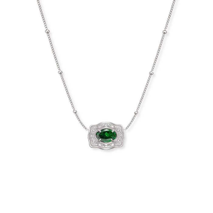 SpurWest Ultra Mini Belt Buckle Birthstone Necklace - Silver -May