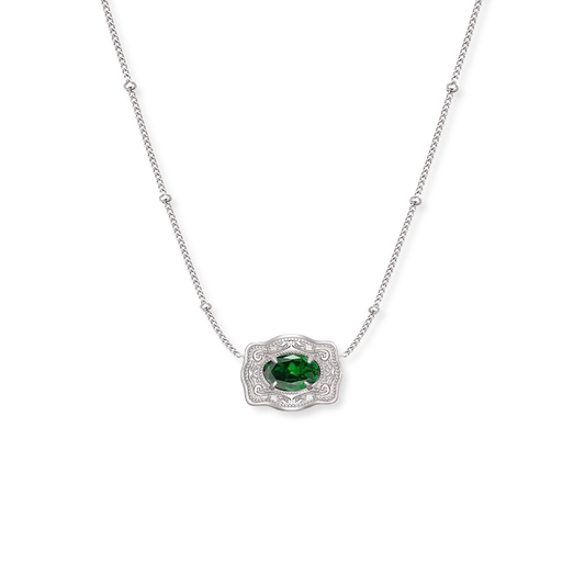 SpurWest Ultra Mini Belt Buckle Birthstone Necklace - Silver -May