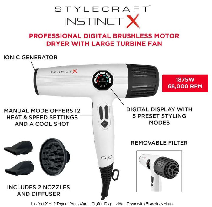 Stylecraft Instinct X Hair Dryer - Professional Digital Display Hair Dryer with Brushless Motor # SC105B - Palms Fashion Inc.