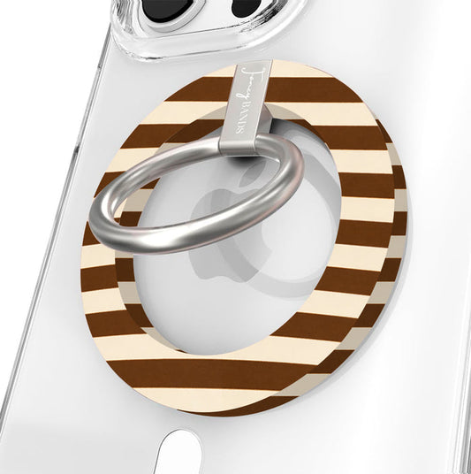 Sweet Espresso Stripes Hold It Fancy MagSafe grip ring close-up on a clear iPhone case, showing the espresso brown and cream striped ring with the silver rotating metal ring.