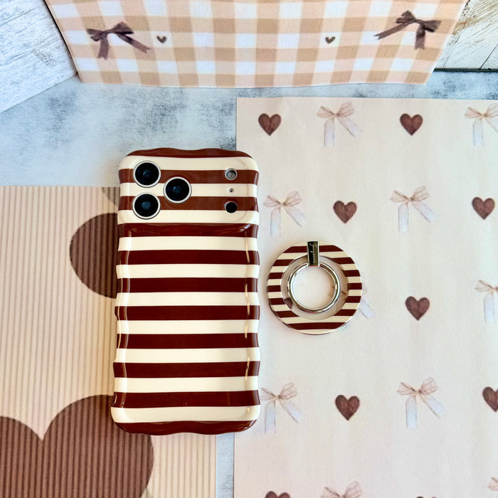 Sweet Espresso Stripes MagSafe grip ring shown beside the matching Sweet Espresso Stripes iPhone case on tan gingham and bow paper.