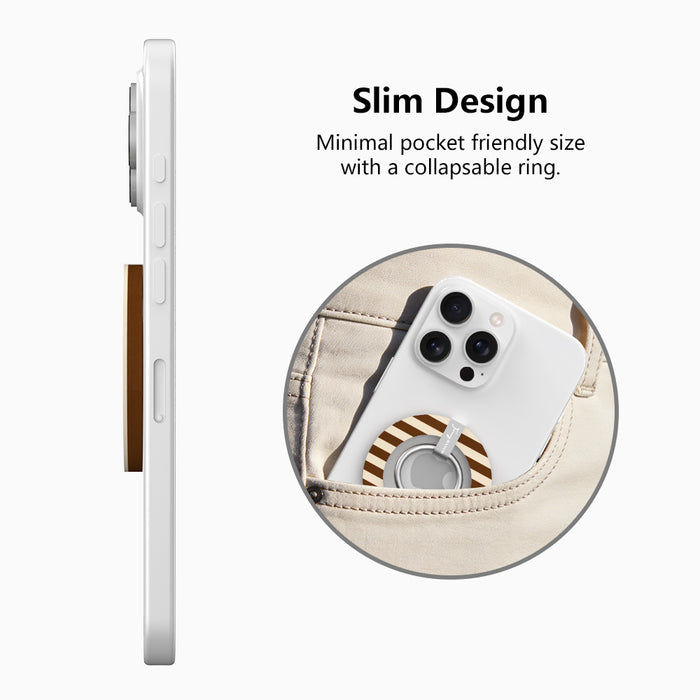 Slim design diagram for the Sweet Espresso Stripes MagSafe grip ring, showing the low-profile collapsible ring sliding easily into a pocket.