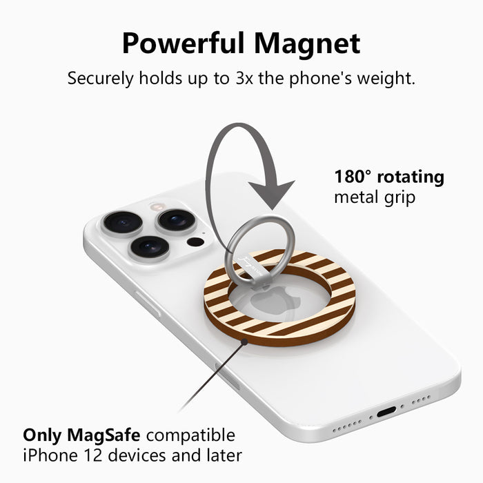 Powerful magnet diagram for the Sweet Espresso Stripes MagSafe grip ring, showing the 180 degree rotating metal grip that holds up to three times the phone's weight on MagSafe iPhone 12 and later.