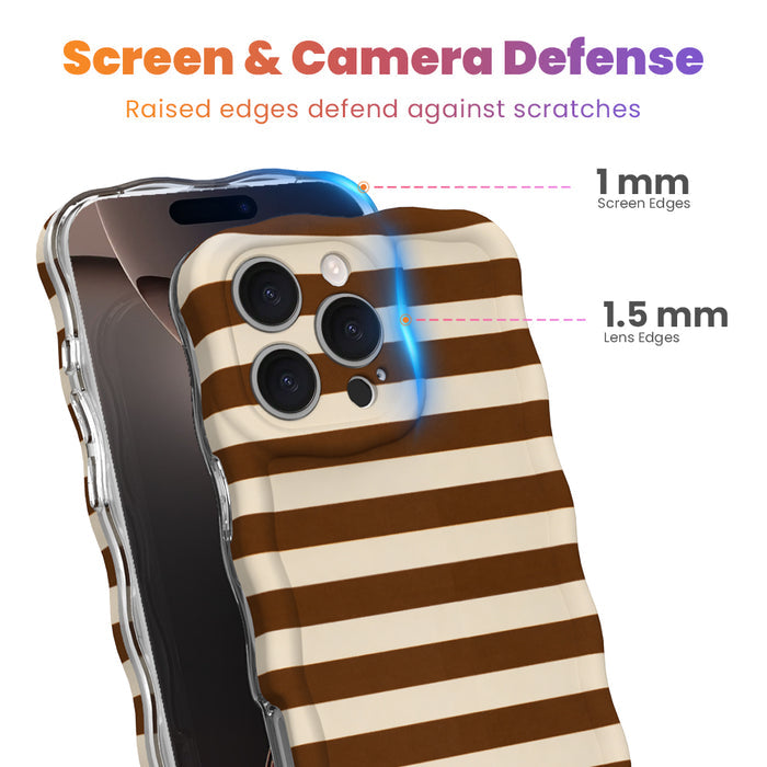 Screen and camera defense diagram for the Sweet Espresso Stripes iPhone case, showing the 1 mm raised screen edge and 1.5 mm raised lens edge that guard against scratches.