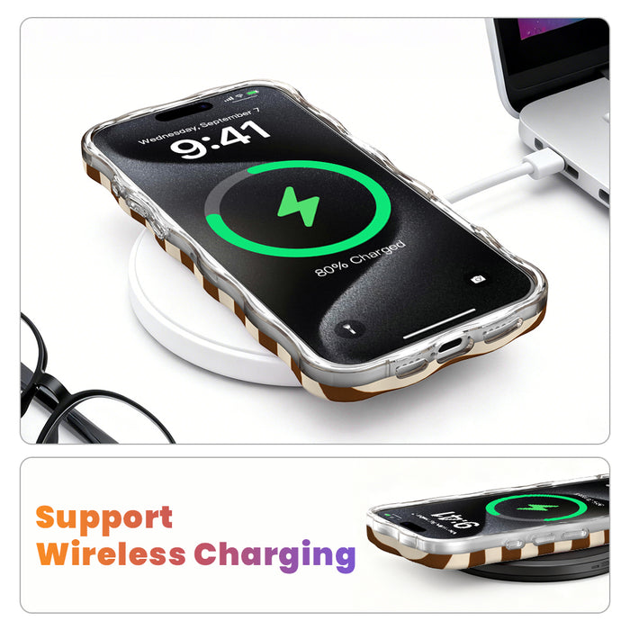 Wireless charging diagram showing the Sweet Espresso Stripes Wavy Luxe iPhone case charging on a MagSafe pad with the case still on.