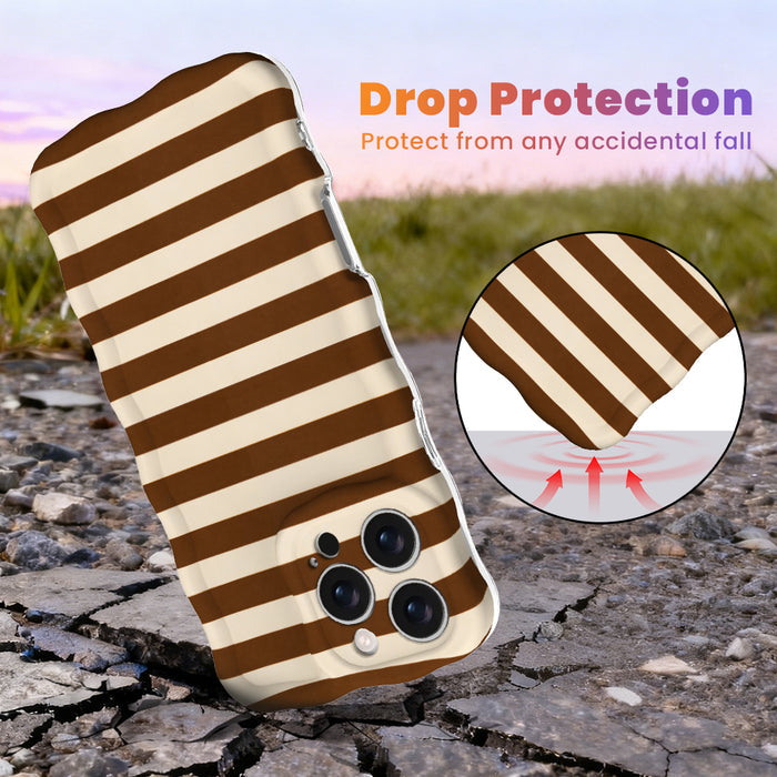 Drop protection diagram for the Sweet Espresso Stripes Wavy Luxe iPhone case, showing the shock-absorbing raised edges that protect against accidental falls.