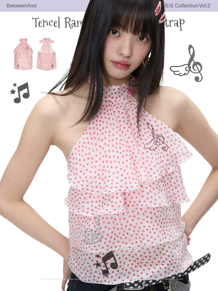 Tencel ramie printed neck strap top