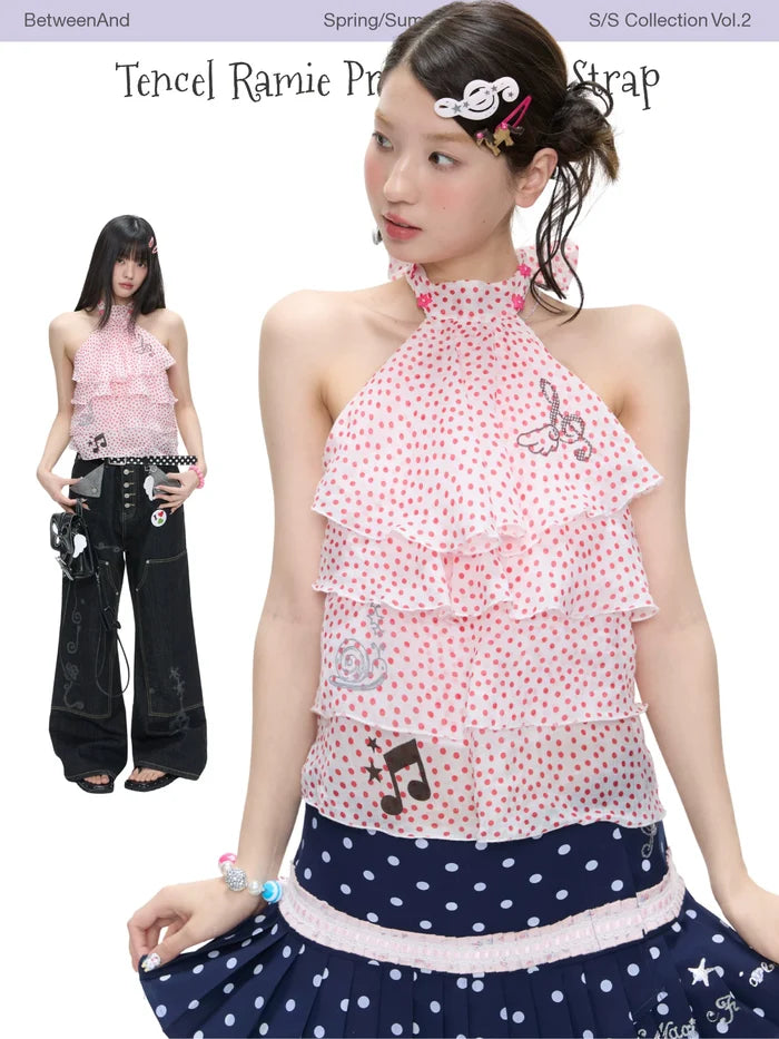 Tencel ramie printed neck strap top