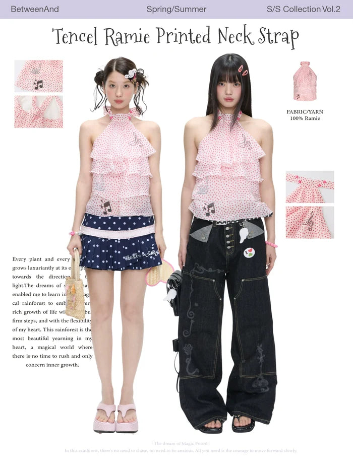 Tencel ramie printed neck strap top