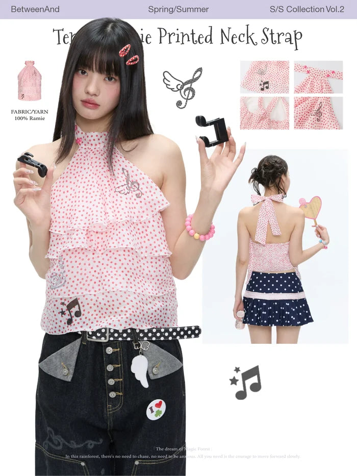 Tencel ramie printed neck strap top