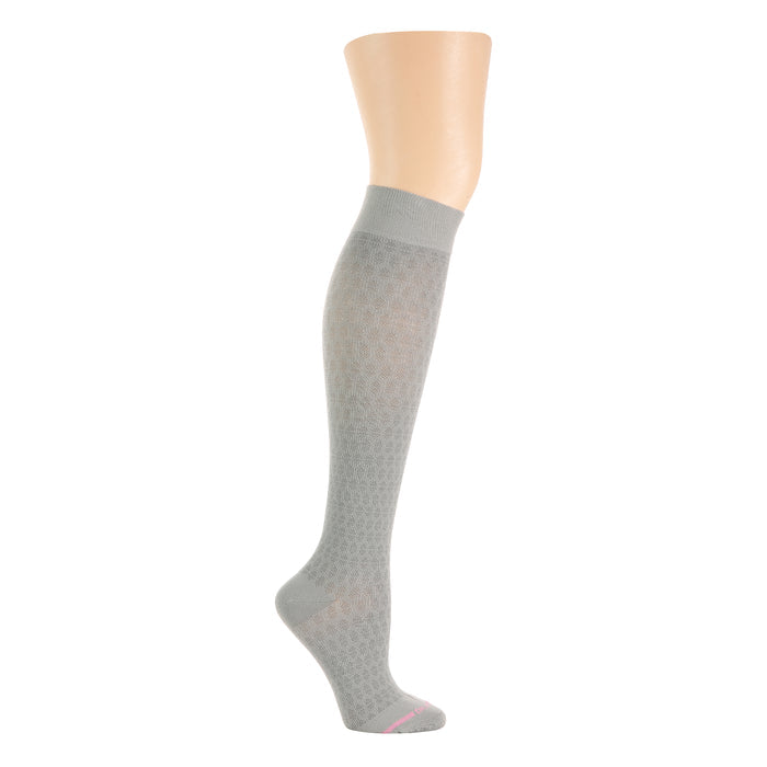 Knee-high compression sock in light gray with a textured pattern and a solid cuff.