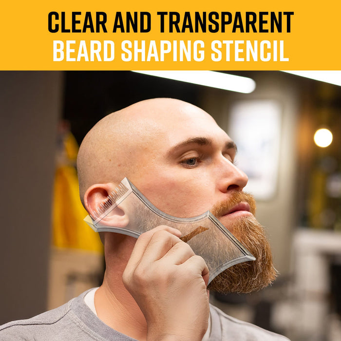A man with a full beard demonstrating the use of a clear and transparent beard shaping stencil for accurate trimming.