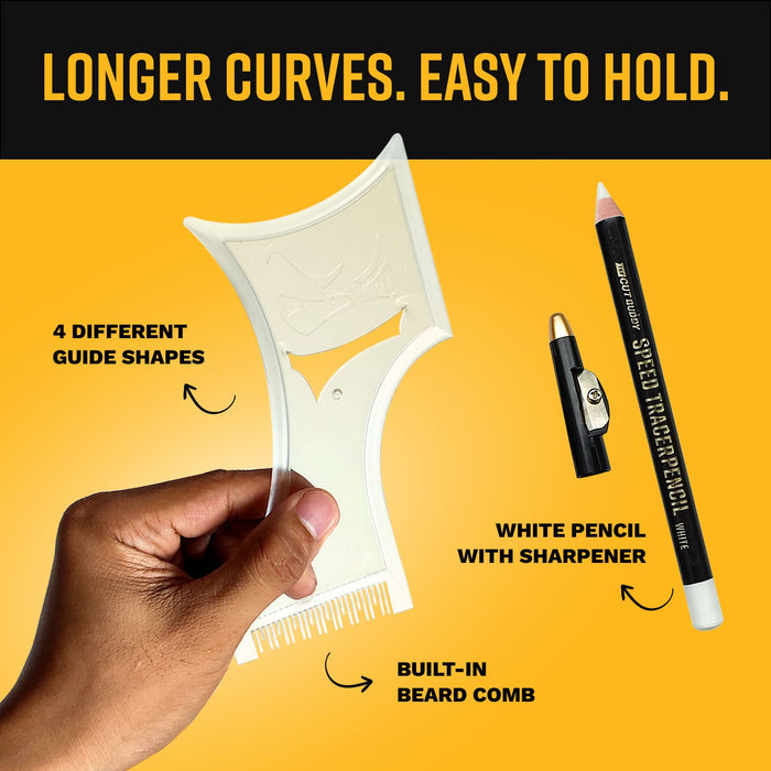 A product feature image highlighting a clear beard shaping template with "longer curves" and a white tracer pencil with a built-in sharpener.