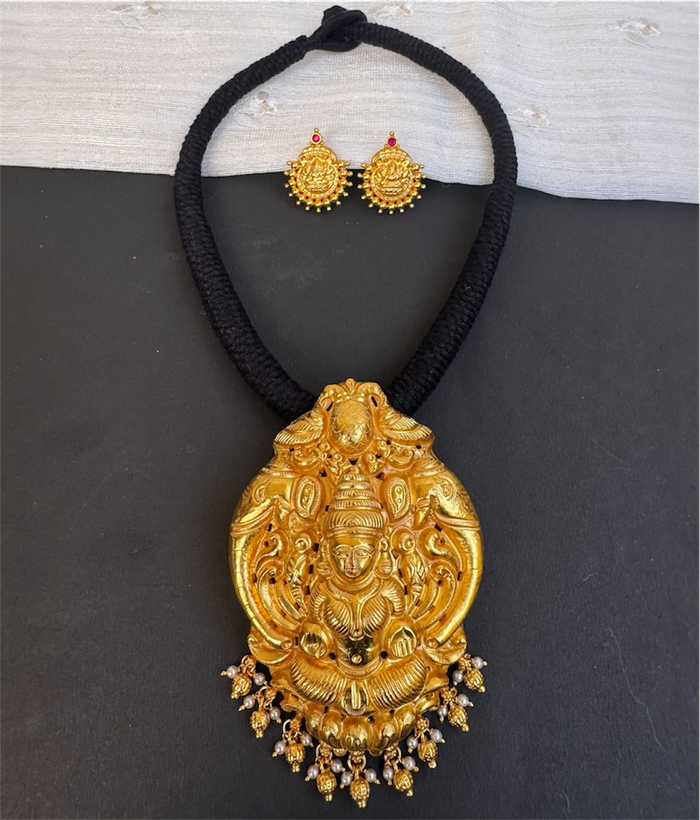 The Narayani Silver Lakshmi Thread Necklace (Black)