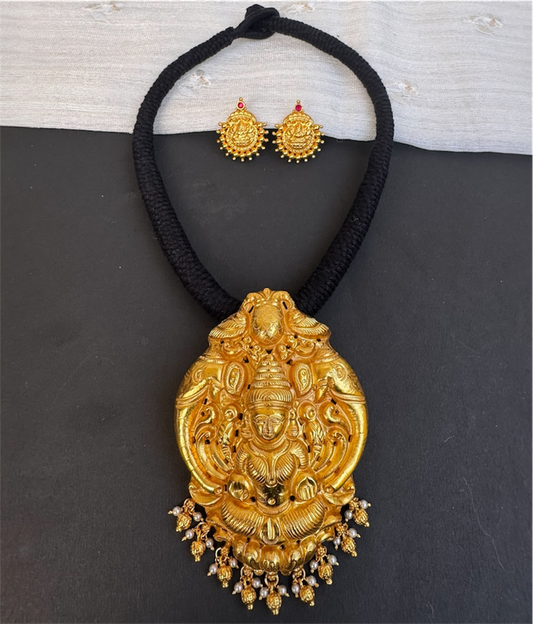The Narayani Silver Lakshmi Thread Necklace (Black)