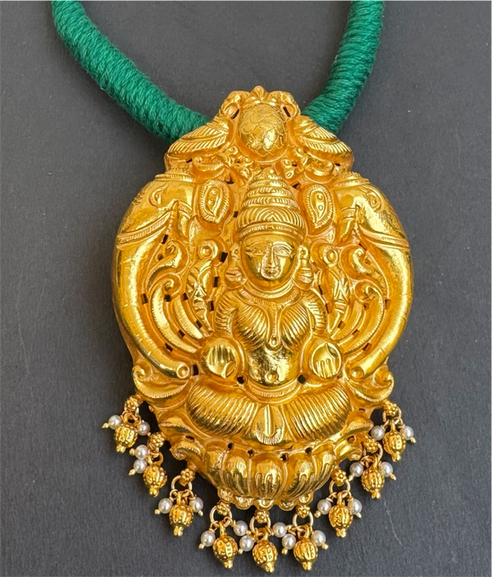 The Narayani Silver Lakshmi Thread Necklace (Green)