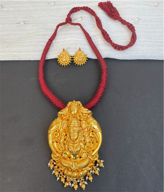 The Narayani Silver Lakshmi Thread Necklace (Maroon)