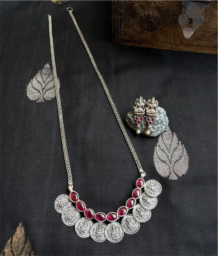 The Prarthana Silver Lakshmi Coin Necklace & Earrings (Oxidised)