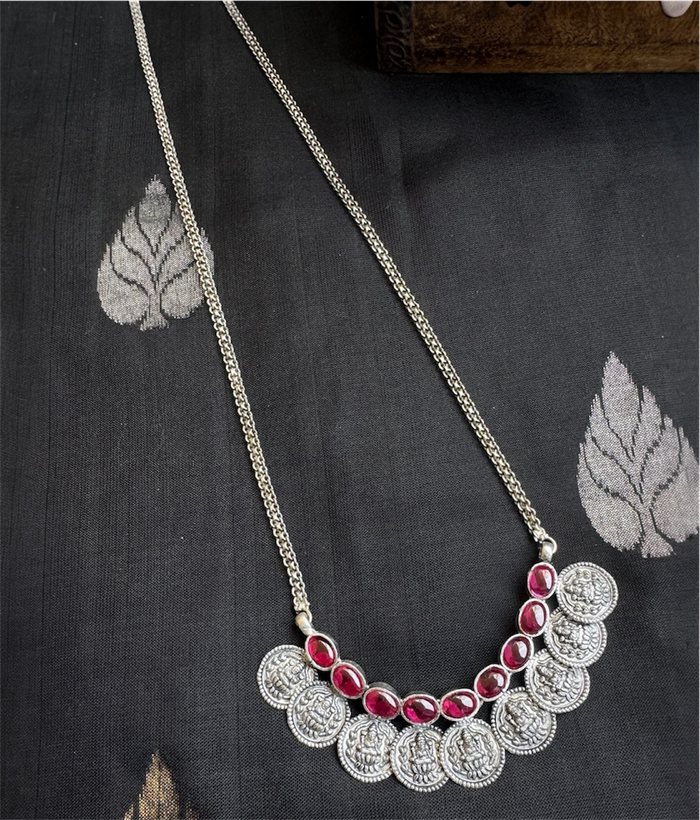 The Prarthana Silver Lakshmi Coin Necklace & Earrings (Oxidised)