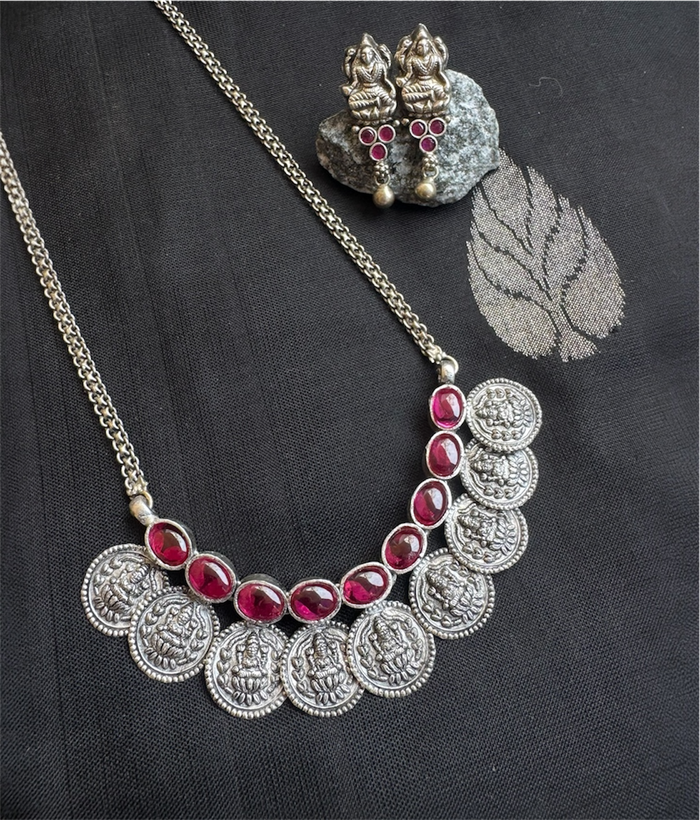 The Prarthana Silver Lakshmi Coin Necklace & Earrings (Oxidised)