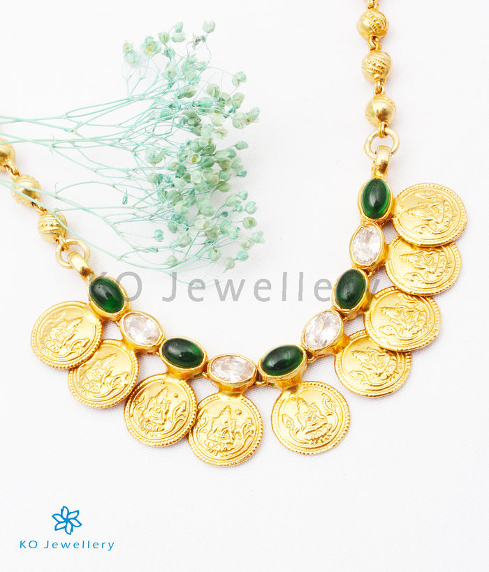 The Prarthana Silver Lakshmi Coin Necklace (Green)