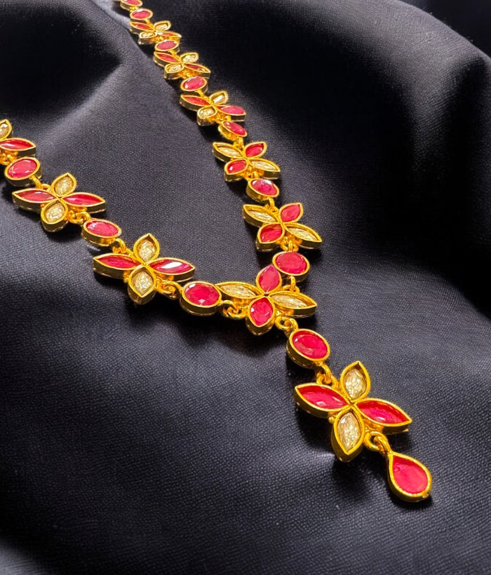 The Soha Silver polki Necklace & Earrings (Red)