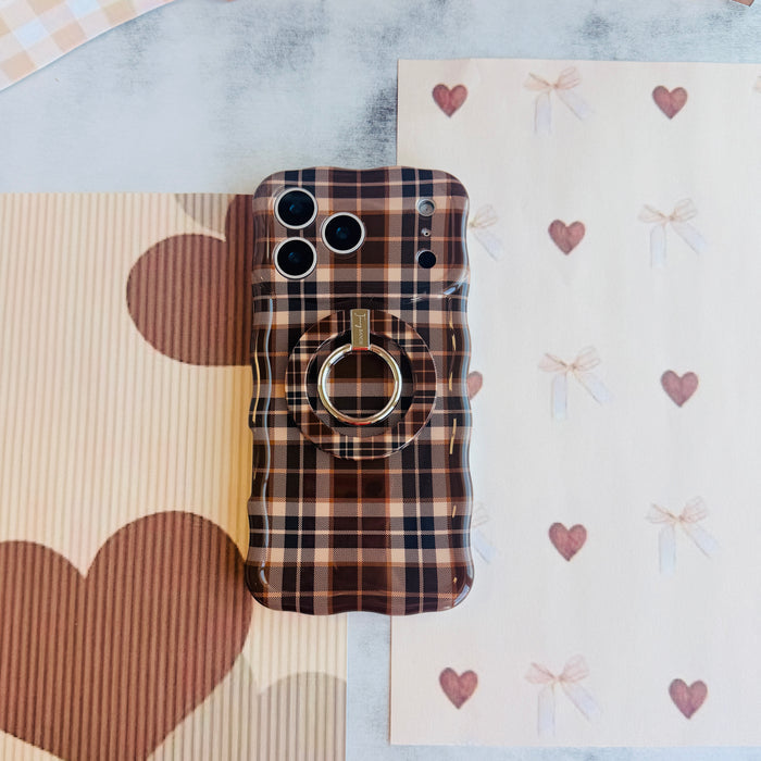 Toffee Tartan Hold It Fancy MagSafe grip ring with a brown, tan and cream tartan plaid print from Fancy Bands