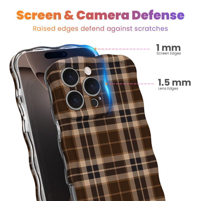 Screen and camera defense diagram for the Toffee Tartan iPhone case, showing the 1 mm raised screen edge and 1.5 mm raised lens edge that guard the brown tartan case against scratches.