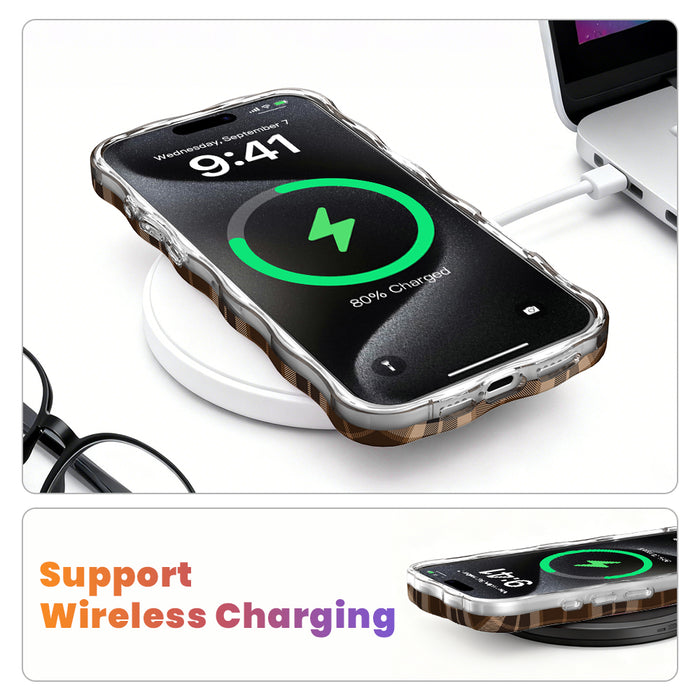 Wireless charging diagram showing the Toffee Tartan Wavy Luxe iPhone case charging on a MagSafe pad with the case still on.