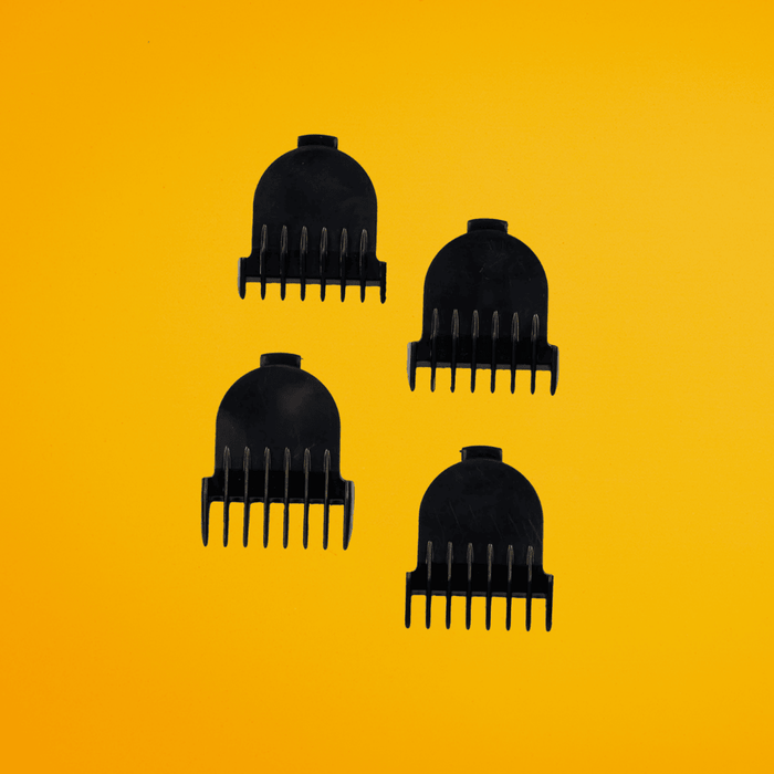 A set of four black plastic clipper guard attachments for The Cut Buddy hair clippers, used for adjustable fading and hair length control.