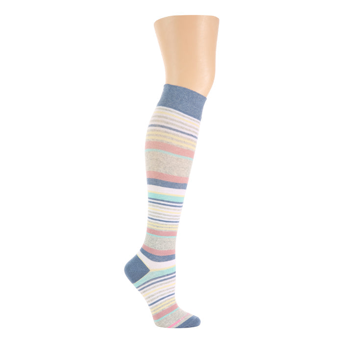 Knee-high compression socks with a variety of colorful stripes and a blue cuff.