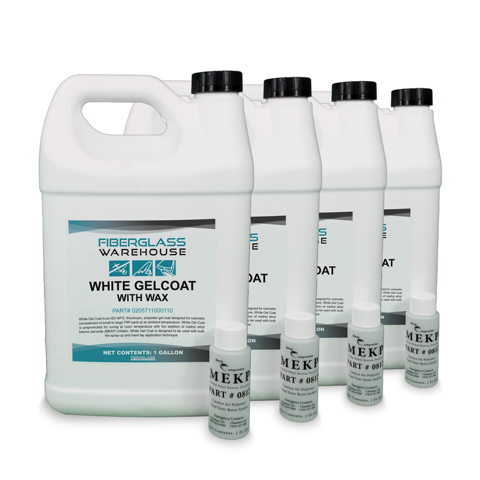 Four plastic gallon jugs of waxed white gelcoat with 4- two ounce bottles of hardener.
