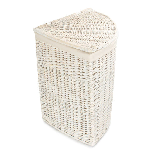 White Wash Corner Cotton Lined Wicker Laundry Basket