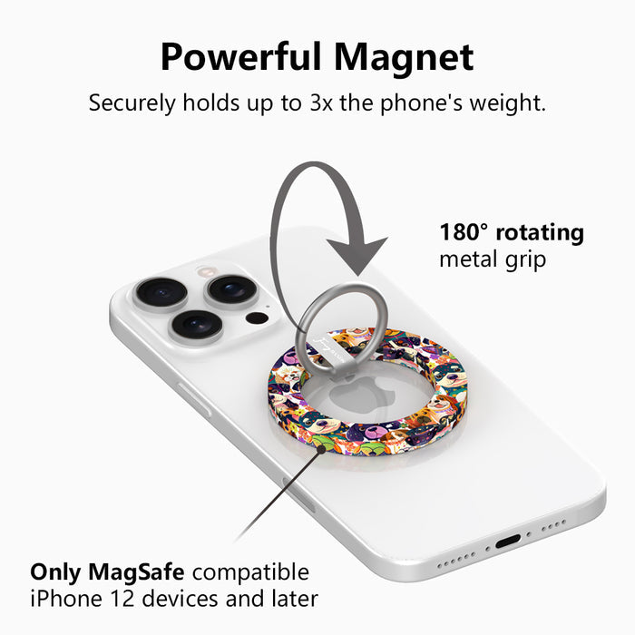 Zero Woofs Given Hold It Fancy MagSafe grip ring with a colorful illustrated dog print design from Fancy Bands