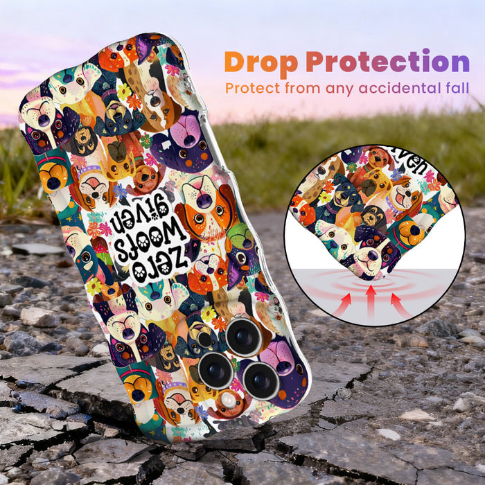 Zero Woofs Given Wavy Luxe MagSafe iPhone case with a colorful illustrated dog print design from Fancy Bands